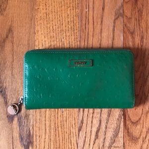 DKNY Green Leather Zip Around Wallet